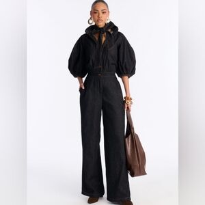 Fashion Nova Bella Tie-neck Denim Jumpuit Black Topstitched Bnwt